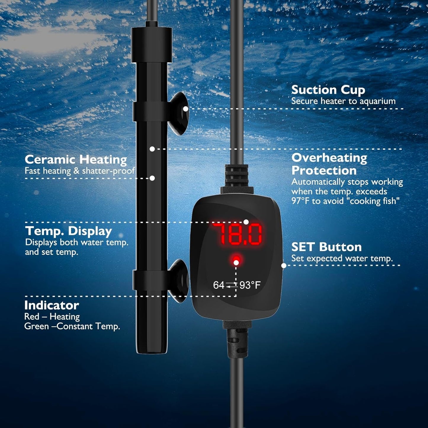 Aquarium Heater 50W Alumina Ceramic Betta Heater Adjustable Submersible Fish Heater Small Fish Tank Heater Turtle Heater with Digital Display Thermostat, for 5-10 Gallon Tanks