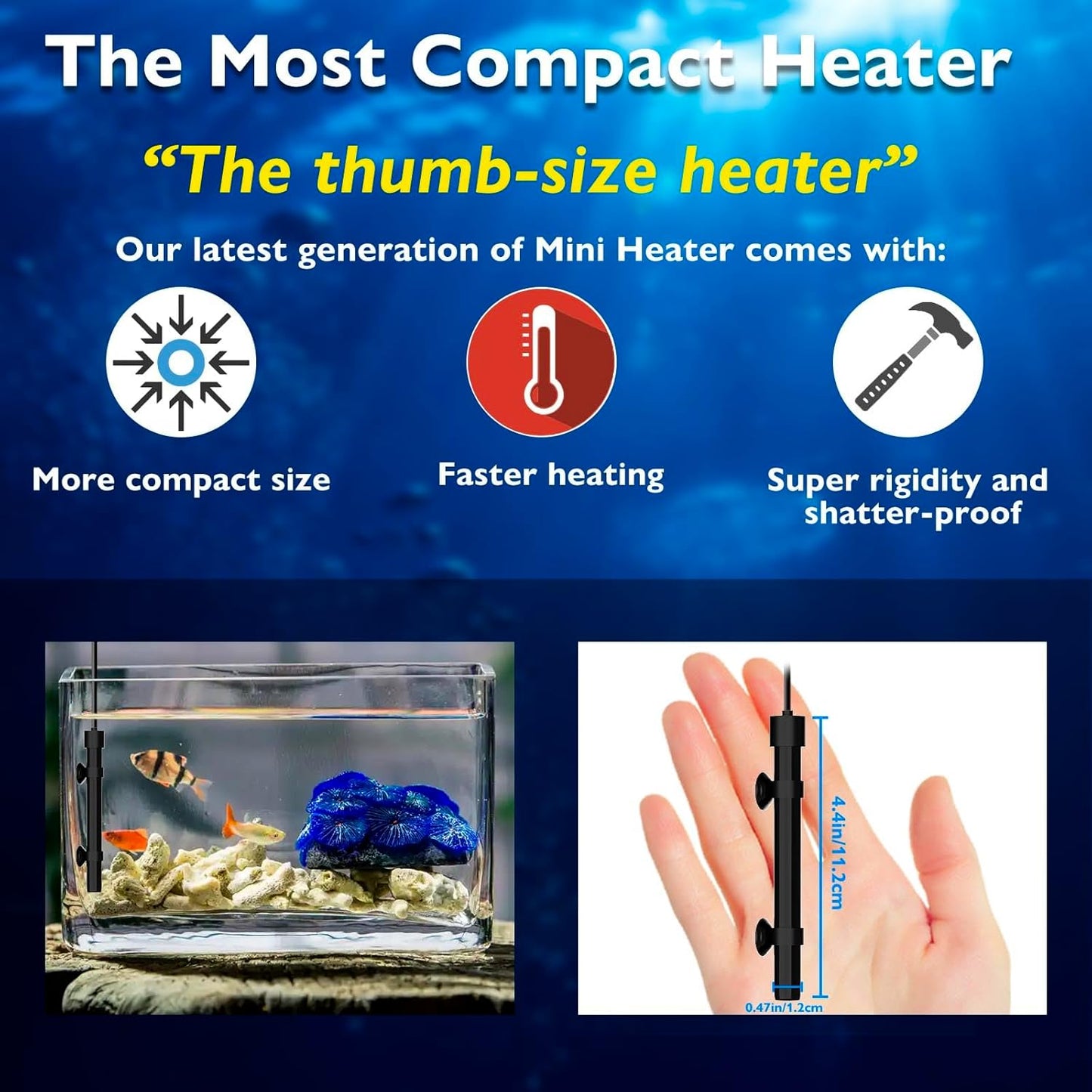 Aquarium Heater 50W Alumina Ceramic Betta Heater Adjustable Submersible Fish Heater Small Fish Tank Heater Turtle Heater with Digital Display Thermostat, for 5-10 Gallon Tanks