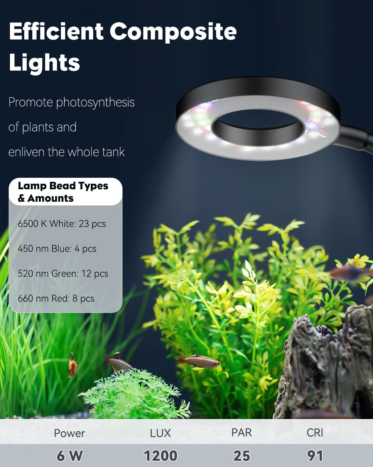 6 W LED Aquarium Light for 1 to 5 Gallon Fish Tanks Clip on Fish Tank Light USB Moving Aquarium Lamp with Full Spectrum Dimmable White Blue Red Green Lights with Timer (Adapter Not Included)
