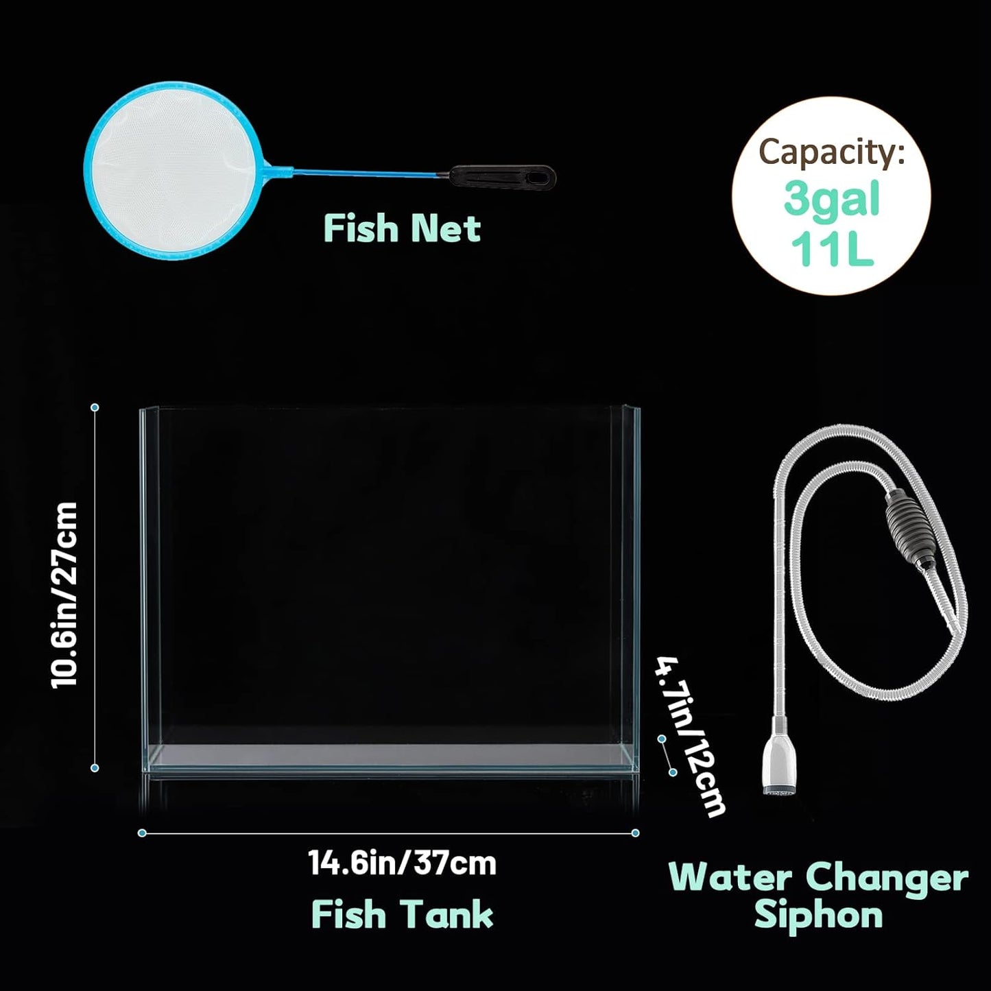 3 Gallon Ultra Clear Glass Fish Tank, Rimless Low Iron Aquarium for Betta/Nano/Goldfish/Snail/Shrimp, Small Fish Tank with Fish Net & Cleaning Tools