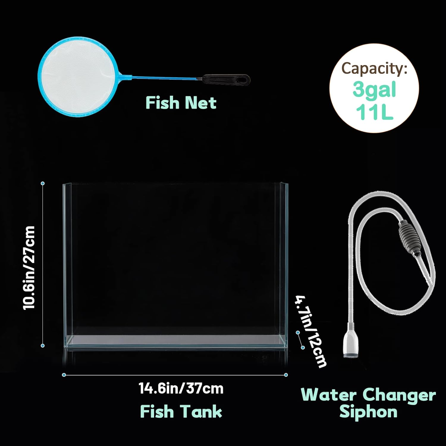 3 Gallon Ultra Clear Glass Fish Tank, Rimless Low Iron Aquarium for Betta/Nano/Goldfish/Snail/Shrimp, Small Fish Tank with Fish Net & Cleaning Tools