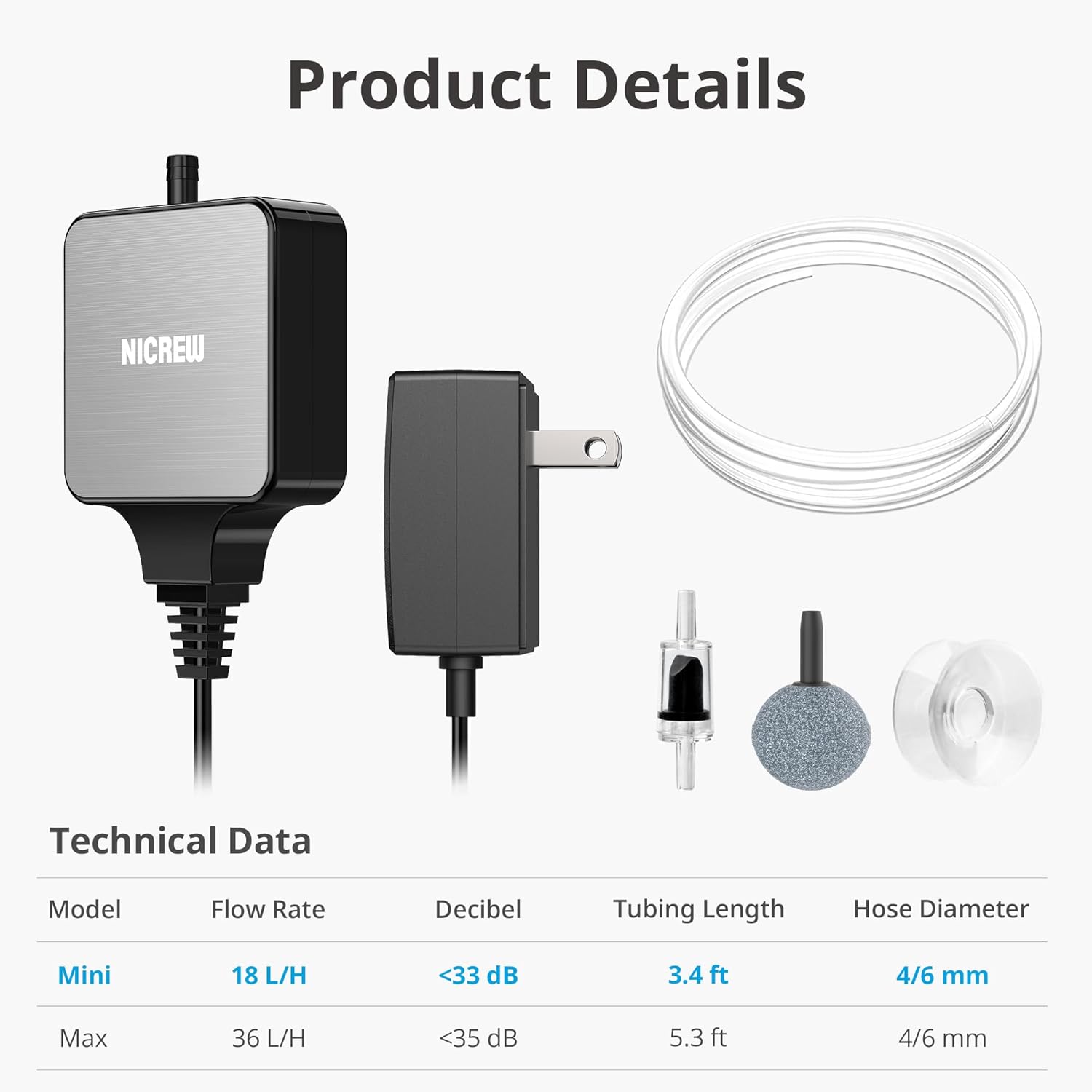Nano Silent Aquarium Air Pump Black, Aquarium Aerator with Accessories for up to 10 Gallon Fish Tank, Super Quiet, 0.3 L/Min, 1.5 Watts