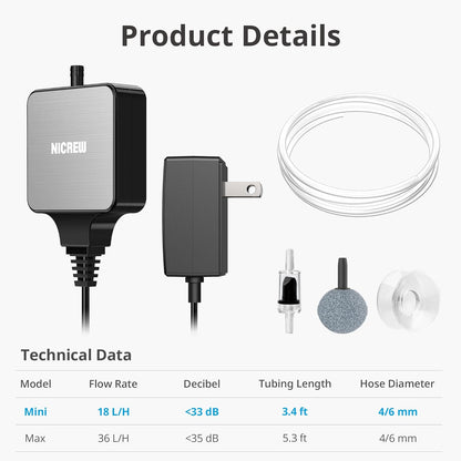 Nano Silent Aquarium Air Pump Black, Aquarium Aerator with Accessories for up to 10 Gallon Fish Tank, Super Quiet, 0.3 L/Min, 1.5 Watts