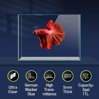 3 Gallon Ultra Clear Glass Fish Tank, Rimless Low Iron Aquarium for Betta/Nano/Goldfish/Snail/Shrimp, Small Fish Tank with Fish Net & Cleaning Tools