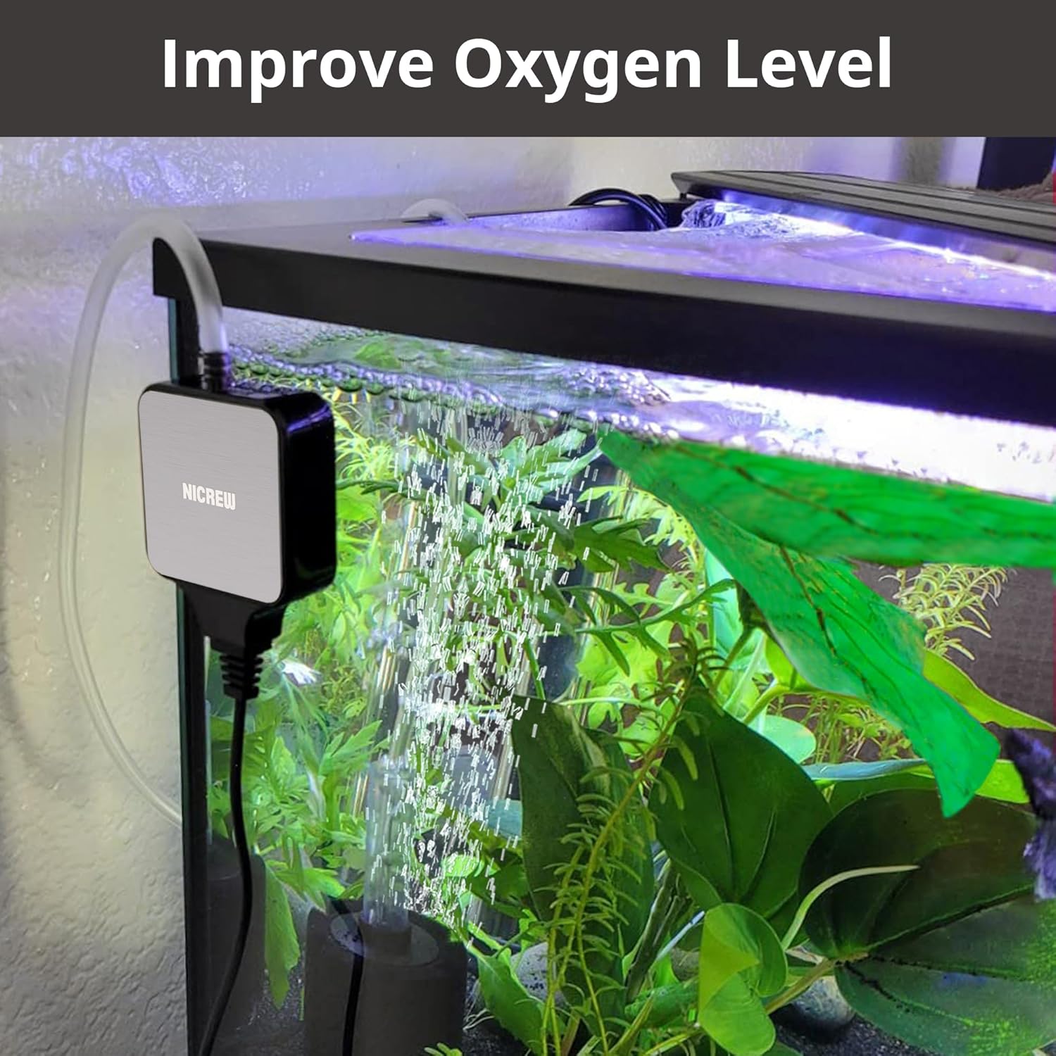 Nano Silent Aquarium Air Pump Black, Aquarium Aerator with Accessories for up to 10 Gallon Fish Tank, Super Quiet, 0.3 L/Min, 1.5 Watts