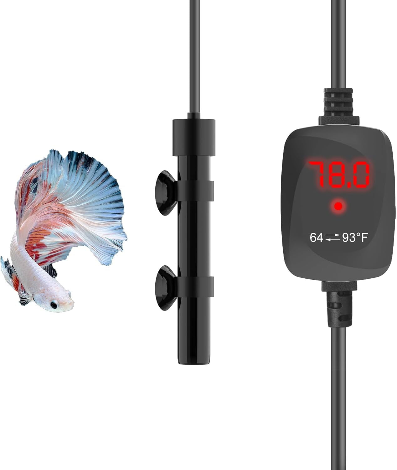 Super Mini Aquarium Heater 25W Alumina Ceramic Betta Heater Adjustable Submersible Fish Heater Small Fish Tank Heater Turtle Heater with Digital Display Thermostat, for 3-5 Gallon Tanks