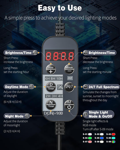 8 W Aquarium LED Light 8.2 Inch 24/7 Fish Tank Light with Full Spectrum Brilliant White Blue Red Green Lights Multi-Colored Leds with D/N Mode Single Color Effects Timer & Adjustable Brightness