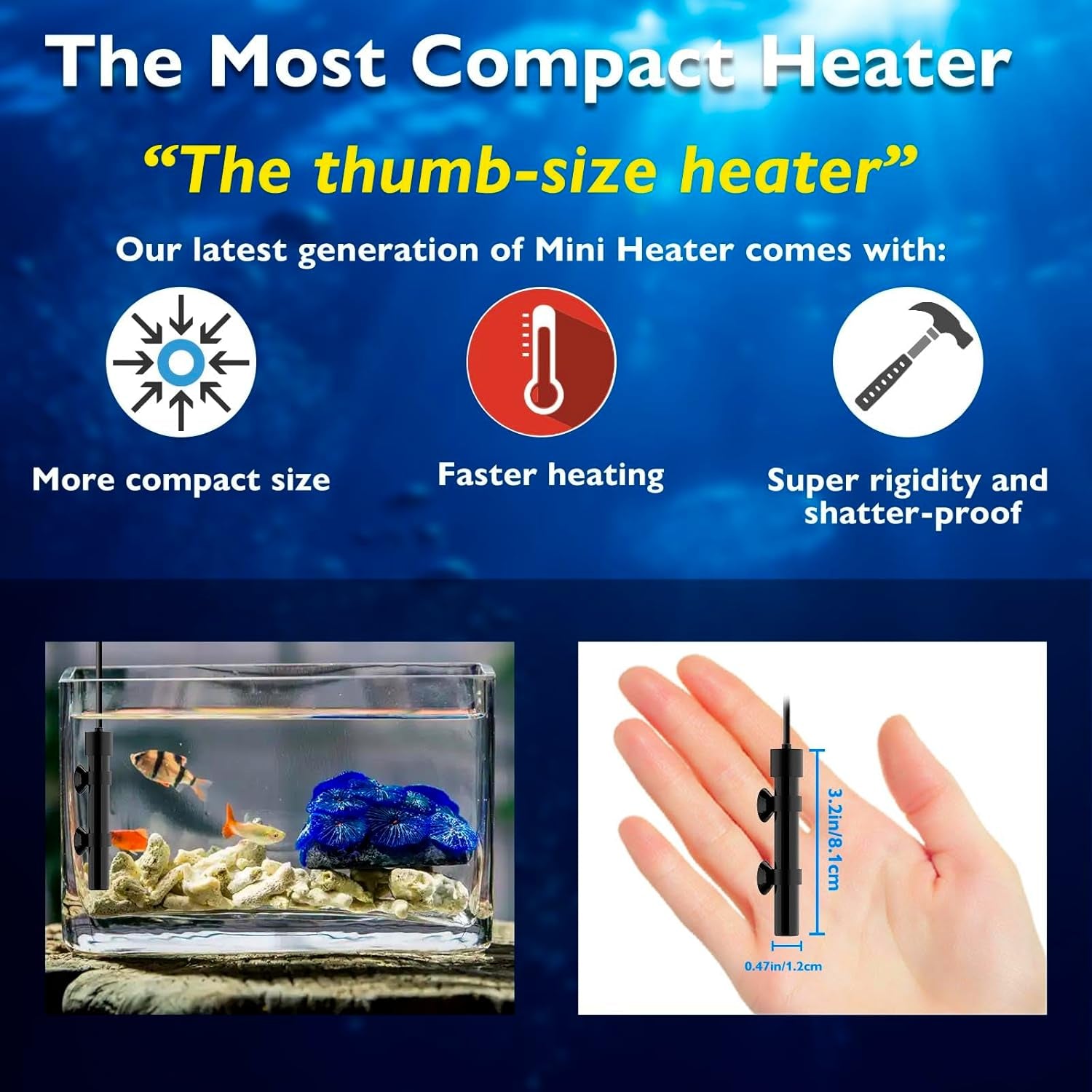 Super Mini Aquarium Heater 25W Alumina Ceramic Betta Heater Adjustable Submersible Fish Heater Small Fish Tank Heater Turtle Heater with Digital Display Thermostat, for 3-5 Gallon Tanks