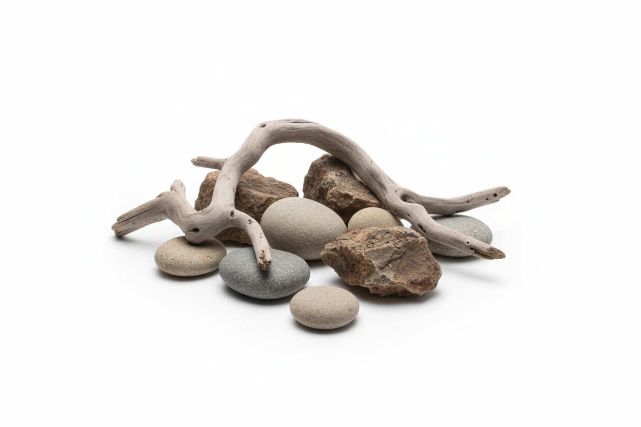  image of rocks and driftwood with minimalist white background